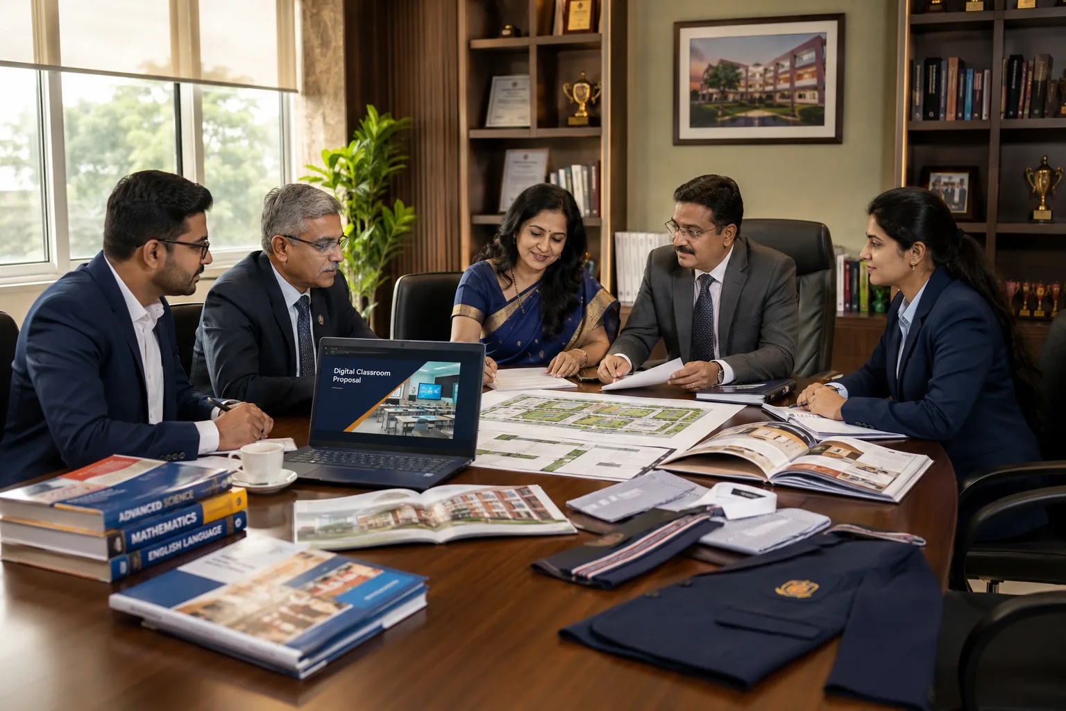 School trustees and a principal reviewing a digital classroom proposal, campus plans, textbooks, and uniform samples with EDUPRO consultants in a boardroom