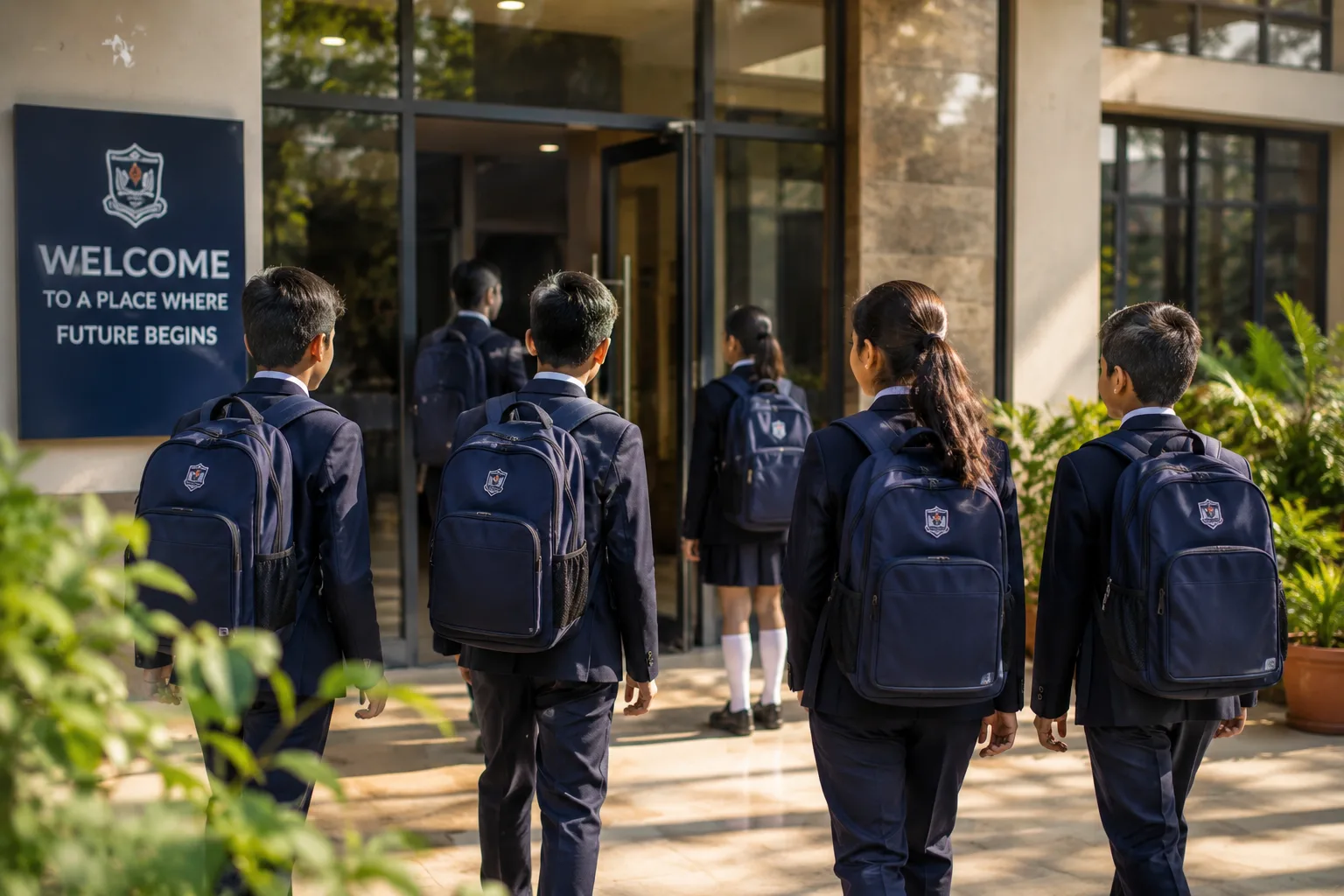 Students with navy school backpacks walking through a school entrance at the start of the academic day