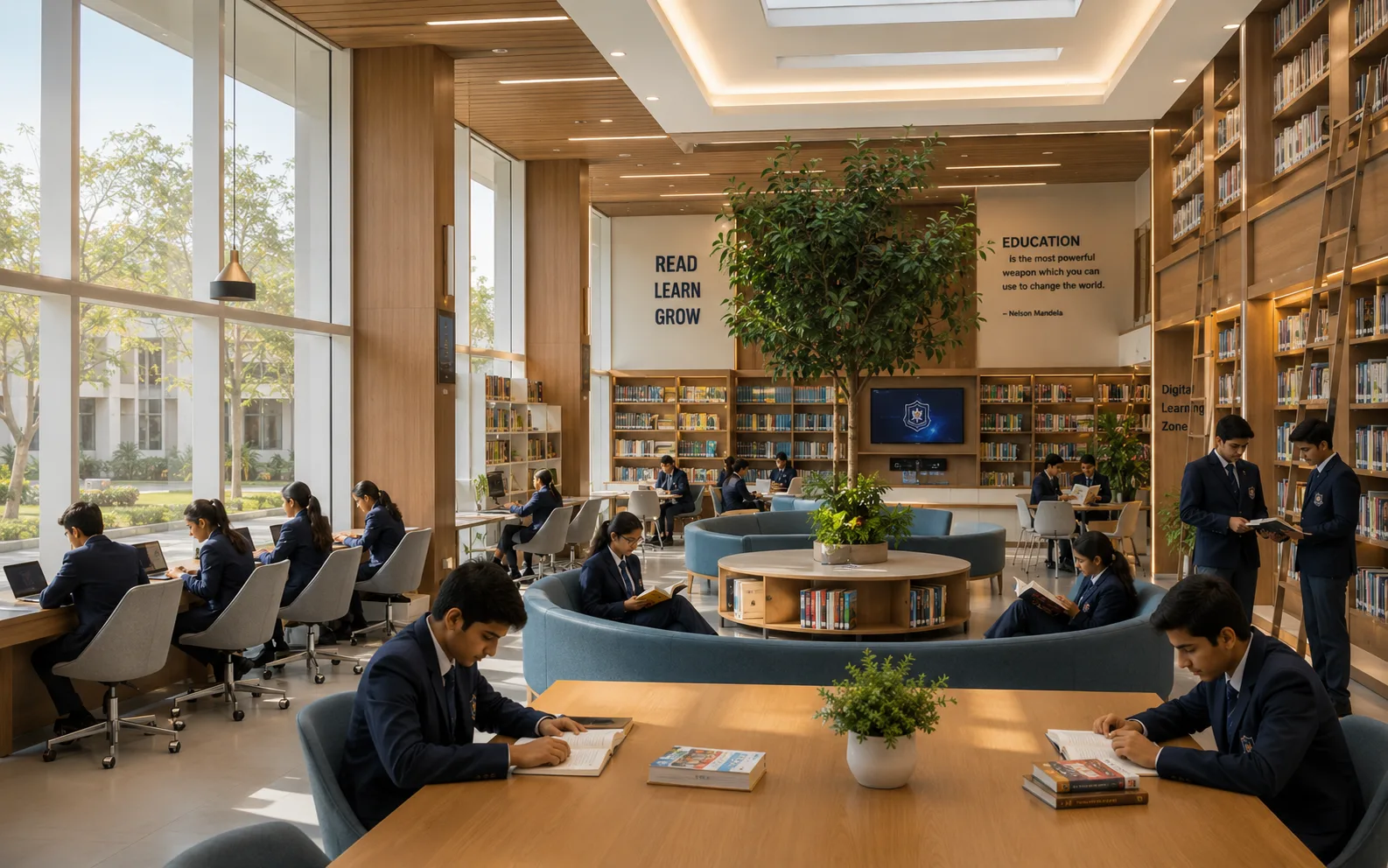 Modern school library with students reading at circular tables beneath READ LEARN GROW signage and digital learning stations